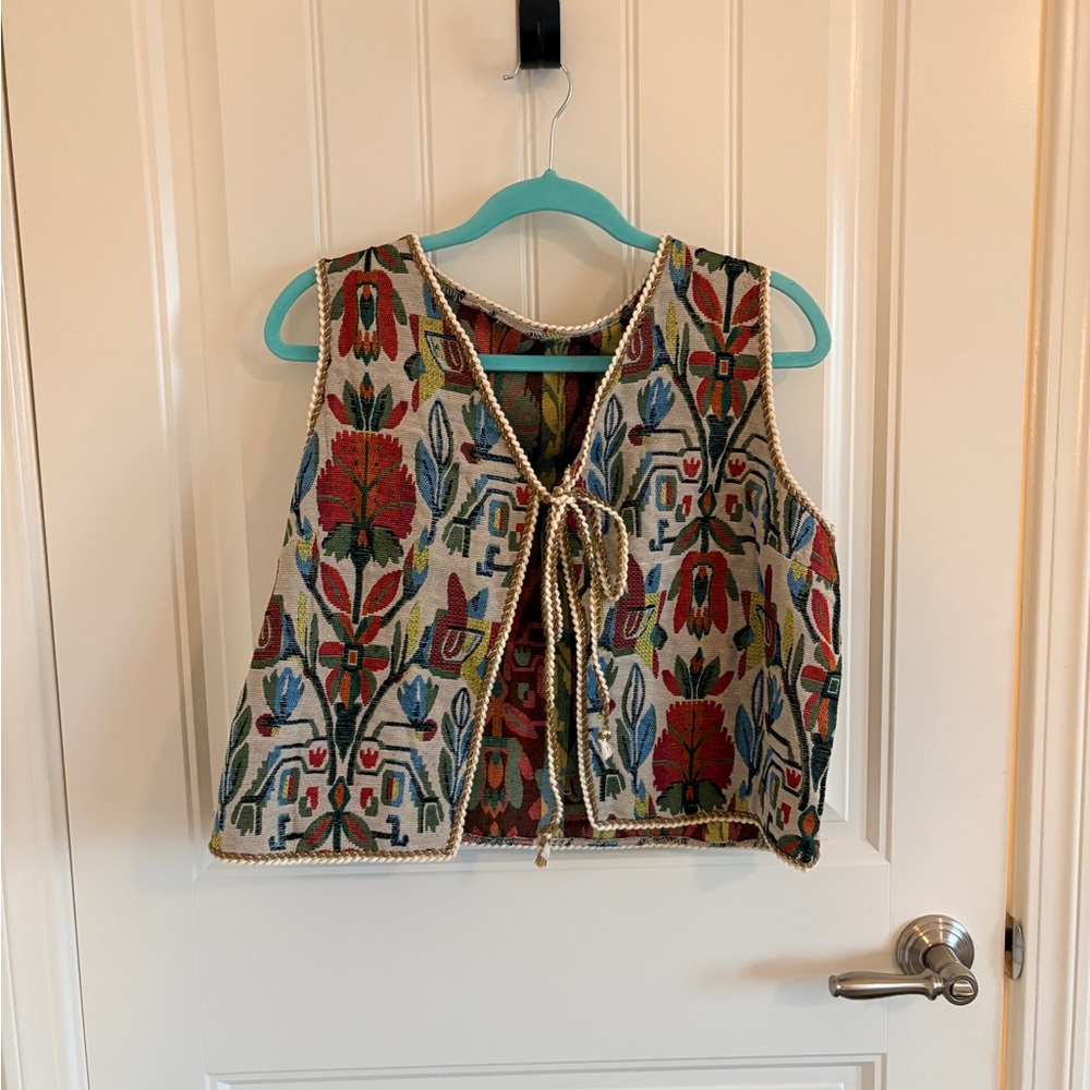 Floral Embroidered Vest with Tie Closure
